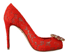 Load image into Gallery viewer, Dolce &amp; Gabbana Red Crystal Taormina Lace Heels Pumps
