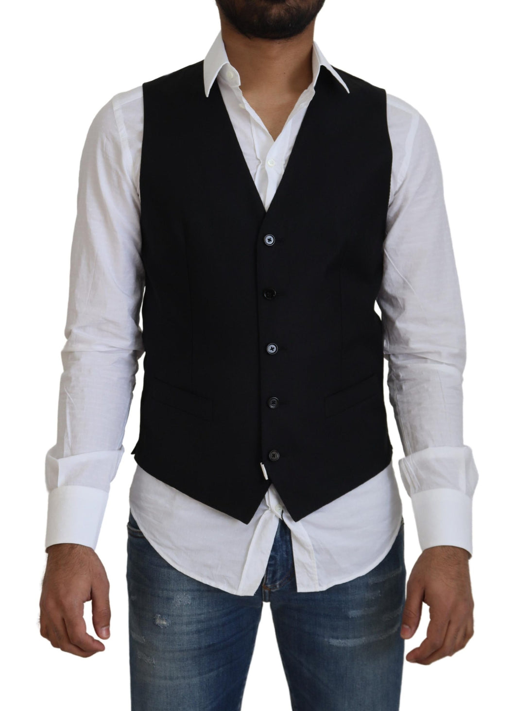 Dolce & Gabbana Black Wool Stretch Waistcoat Formal Vest