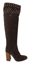 Load image into Gallery viewer, Dolce &amp; Gabbana Studded Suede Knee High Boots in Brown
