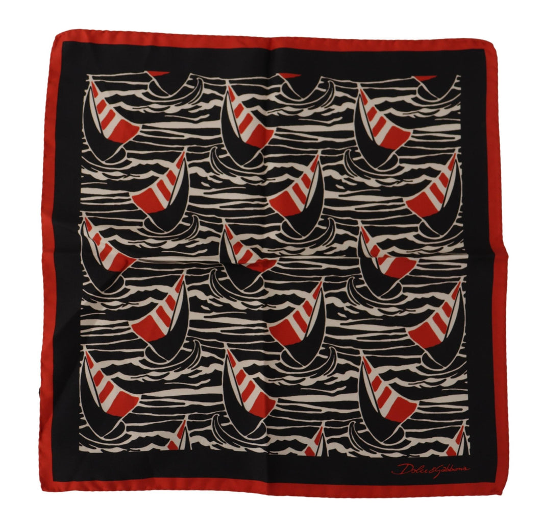 Dolce & Gabbana Black Red Sailboat Square Handkerchief Silk Scarf