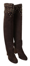 Load image into Gallery viewer, Dolce &amp; Gabbana Studded Suede Knee High Boots in Brown
