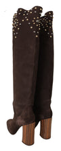 Load image into Gallery viewer, Dolce &amp; Gabbana Studded Suede Knee High Boots in Brown
