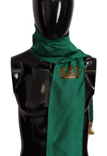 Load image into Gallery viewer, Dolce &amp; Gabbana Green Crown Embroidered Shawl Fringe Blend Silk
