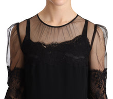 Load image into Gallery viewer, Dolce &amp; Gabbana Black Sheer Floral Lace Crystal Maxi Dress
