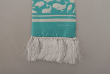 Load image into Gallery viewer, Dolce &amp; Gabbana Blue Whale Printed Shawl Wrap Fringe Silk Teal Scarf
