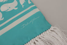 Load image into Gallery viewer, Dolce &amp; Gabbana Blue Whale Printed Shawl Wrap Fringe Silk Teal Scarf
