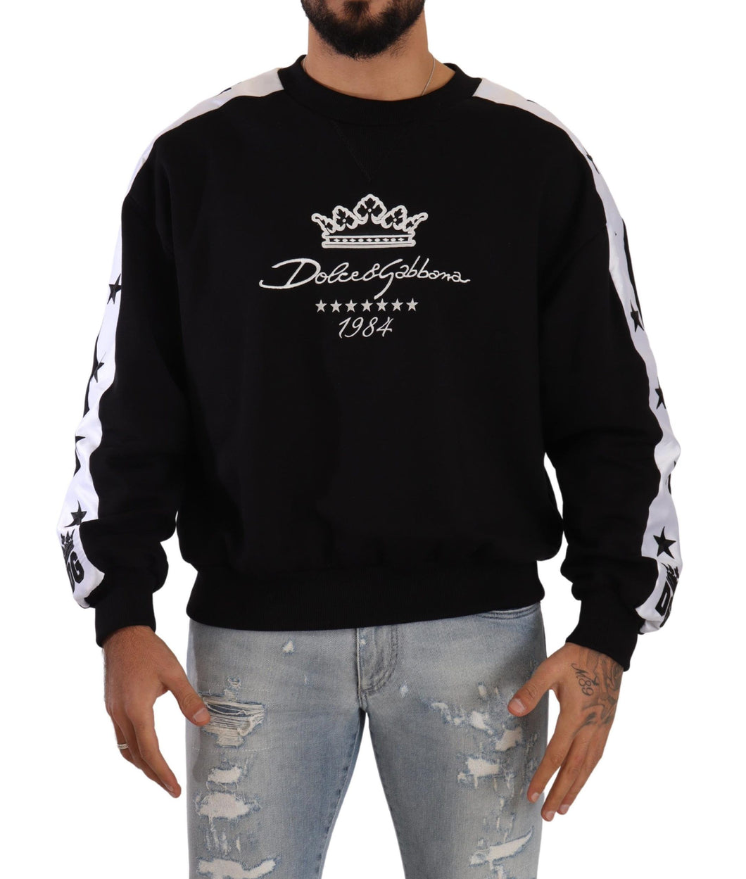 Dolce & Gabbana Black Cotton Crewneck Crown 1984 Stars Pullover Black