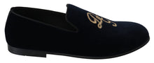 Load image into Gallery viewer, Dolce &amp; Gabbana Blue Velvet Gold Logo Slipper Loafers Shoes
