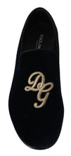 Load image into Gallery viewer, Dolce &amp; Gabbana Blue Velvet Gold Logo Slipper Loafers Shoes
