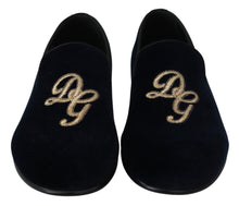 Load image into Gallery viewer, Dolce &amp; Gabbana Blue Velvet Gold Logo Slipper Loafers Shoes
