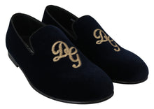 Load image into Gallery viewer, Dolce &amp; Gabbana Blue Velvet Gold Logo Slipper Loafers Shoes
