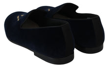 Load image into Gallery viewer, Dolce &amp; Gabbana Blue Velvet Gold Logo Slipper Loafers Shoes
