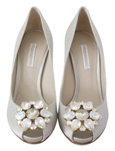 Load image into Gallery viewer, Dolce &amp; Gabbana White Crystal Peep Toe Silk Blend Heels
