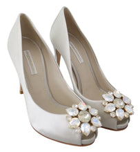 Load image into Gallery viewer, Dolce &amp; Gabbana White Crystal Peep Toe Silk Blend Heels
