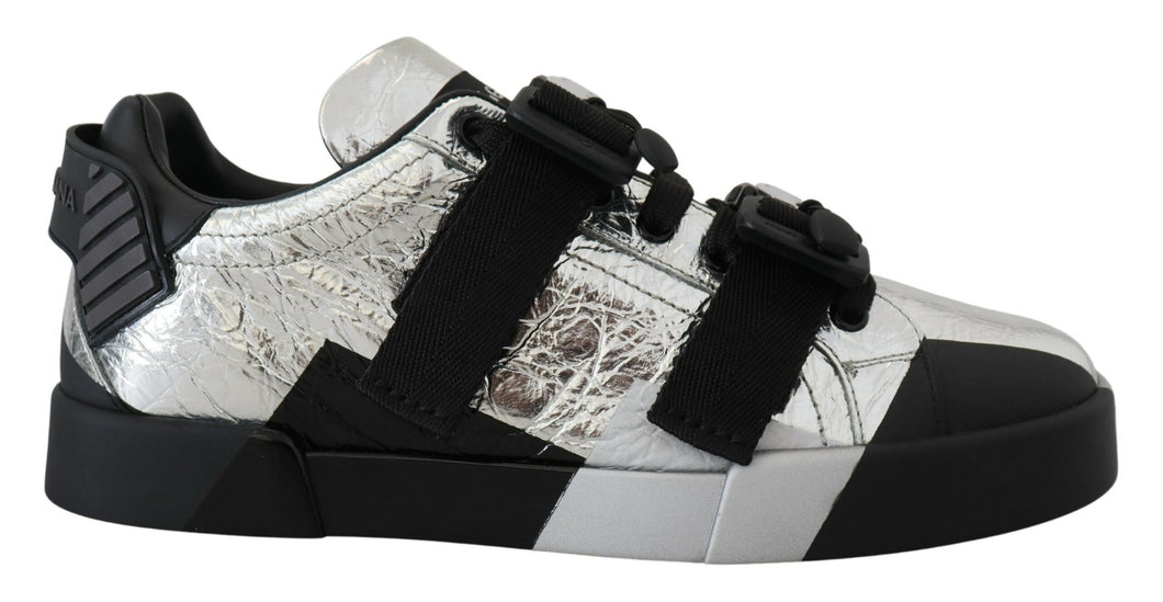 Dolce & Gabbana Exclusive Silver and Black Low Top Leather Sneakers