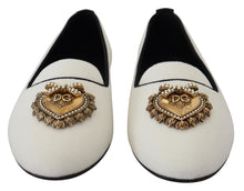 Load image into Gallery viewer, Dolce &amp; Gabbana Elegant White Velvet Loafers with Gold Heart Detail
