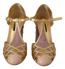 Load image into Gallery viewer, Dolce &amp; Gabbana Pink Gold Leather Crystal Pumps T-strap Shoes
