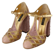 Load image into Gallery viewer, Dolce &amp; Gabbana Pink Gold Leather Crystal Pumps T-strap Shoes
