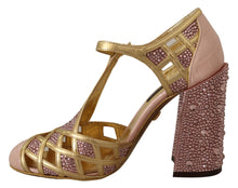 Load image into Gallery viewer, Dolce &amp; Gabbana Pink Gold Leather Crystal Pumps T-strap Shoes
