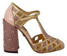 Load image into Gallery viewer, Dolce &amp; Gabbana Pink Gold Leather Crystal Pumps T-strap Shoes
