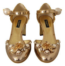 Load image into Gallery viewer, Dolce &amp; Gabbana Elegant Gold Leather Block Heels with Crystals
