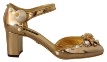 Load image into Gallery viewer, Dolce &amp; Gabbana Elegant Gold Leather Block Heels with Crystals
