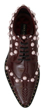 Load image into Gallery viewer, Dolce &amp; Gabbana Elegant Bordeaux Lace-Up Flats with Pearls and Crystals
