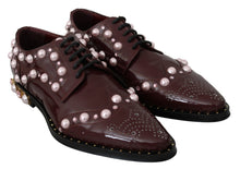 Load image into Gallery viewer, Dolce &amp; Gabbana Elegant Bordeaux Lace-Up Flats with Pearls and Crystals
