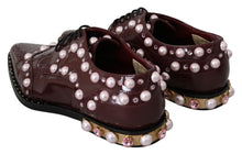 Load image into Gallery viewer, Dolce &amp; Gabbana Elegant Bordeaux Lace-Up Flats with Pearls and Crystals
