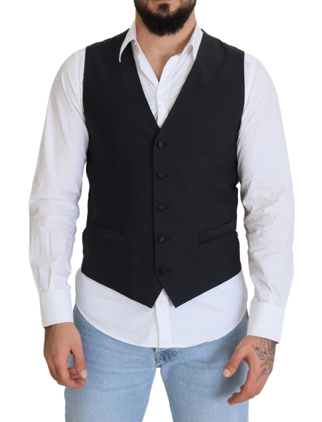 Dolce & Gabbana Black Wool Stretch Waistcoat Formal Vest