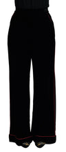 Load image into Gallery viewer, Dolce &amp; Gabbana Sleek Black Velvet High-Waist Pants with Pink Stripes
