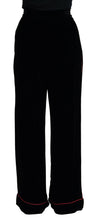 Load image into Gallery viewer, Dolce &amp; Gabbana Sleek Black Velvet High-Waist Pants with Pink Stripes
