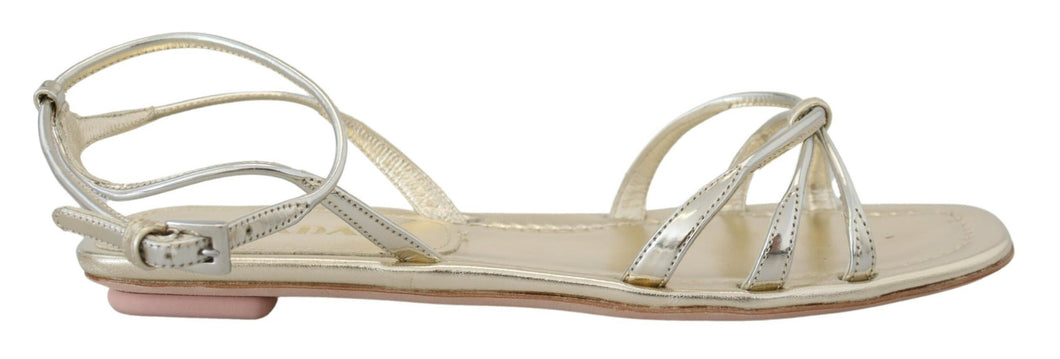 Prada Elegant Silver Ankle Strap Flats