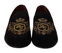 Load image into Gallery viewer, Dolce &amp; Gabbana Elegant Black Loafers with Gold Crown Embroidery
