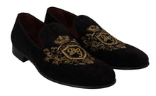 Load image into Gallery viewer, Dolce &amp; Gabbana Elegant Black Loafers with Gold Crown Embroidery
