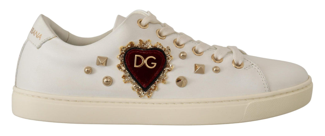 Dolce & Gabbana White Leather Gold Red Heart Sneakers Shoes