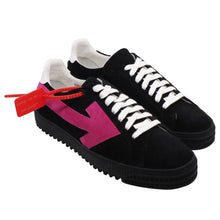 Load image into Gallery viewer, Off-White Sleek Black Suede Sneakers with Fuchsia Arrow Detail
