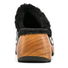 Load image into Gallery viewer, Coral Blue Elegant Black Leather Clogs with Faux Fur Trim
