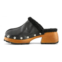 Load image into Gallery viewer, Coral Blue Elegant Black Leather Clogs with Faux Fur Trim
