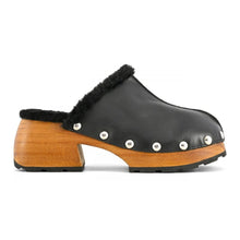 Load image into Gallery viewer, Coral Blue Elegant Black Leather Clogs with Faux Fur Trim
