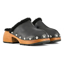 Load image into Gallery viewer, Coral Blue Elegant Black Leather Clogs with Faux Fur Trim
