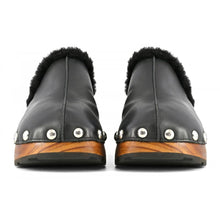 Load image into Gallery viewer, Coral Blue Elegant Black Leather Clogs with Faux Fur Trim
