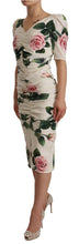 Load image into Gallery viewer, Dolce &amp; Gabbana White Roses Print Stretch Silk Pleated Dress
