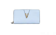 Load image into Gallery viewer, Versace Large Cornflower Grainy Leather Gold Monogram Zip Around Clutch Wallet
