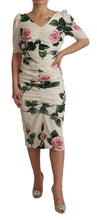 Load image into Gallery viewer, Dolce &amp; Gabbana White Roses Print Stretch Silk Pleated Dress

