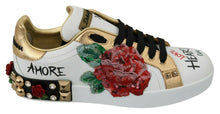 Load image into Gallery viewer, Dolce &amp; Gabbana White Roses Sequined Crystal Womens Sneakers Shoes
