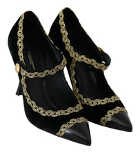 Load image into Gallery viewer, Dolce &amp; Gabbana Elegant Gold-Embroidered Black Velvet Pumps
