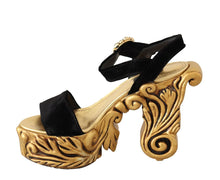 Load image into Gallery viewer, Dolce &amp; Gabbana Black Gold Baroque Velvet Heels Crystal Shoes
