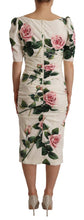 Load image into Gallery viewer, Dolce &amp; Gabbana White Roses Print Stretch Silk Pleated Dress
