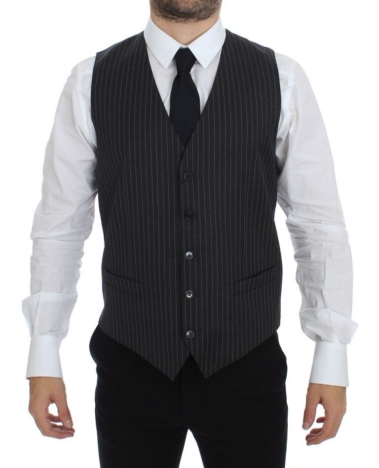 Dolce & Gabbana Gray Striped Wool Single Breasted Vest